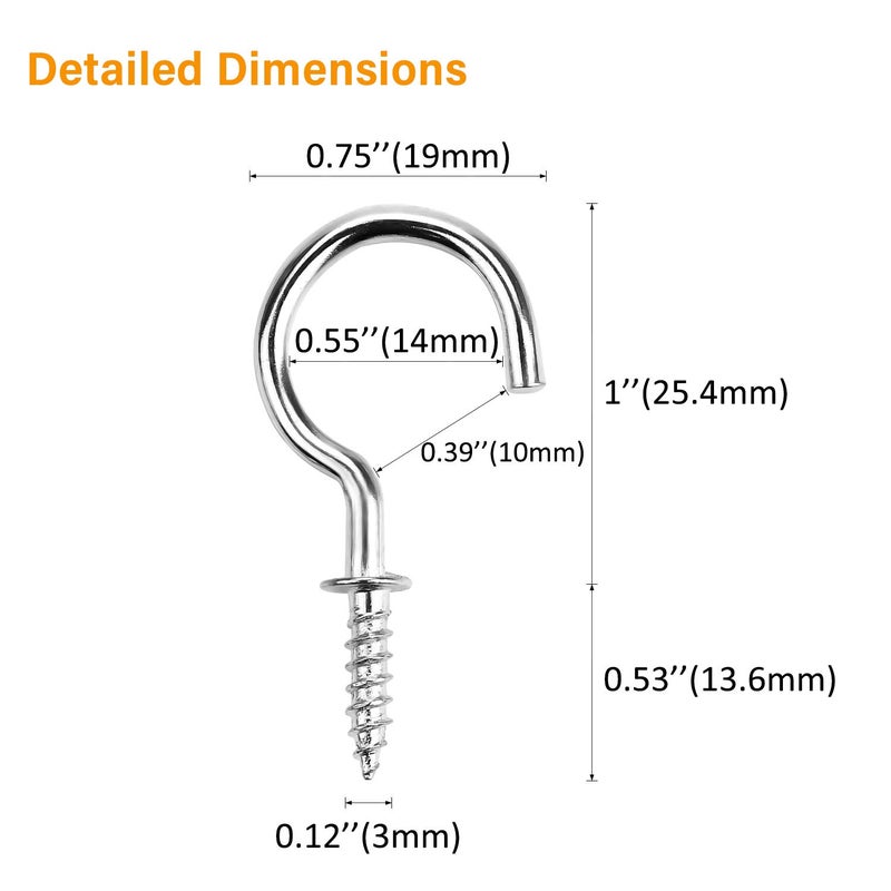 Powlankou 1inch Nickel Plated Metal Screw-in Ceiling Hooks Cup Hooks Silver, 120 Pieces - Image 3